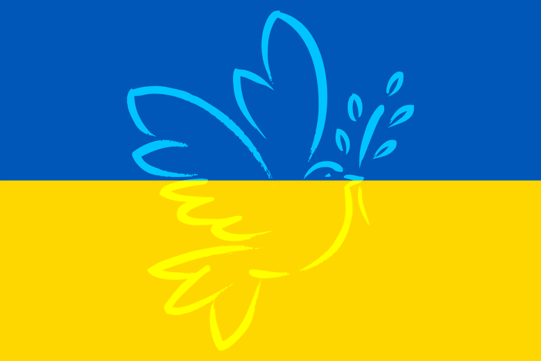 Flagge der Ukraine mit weißer Friedenstaube